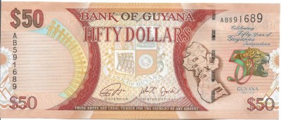 Bancnota 50 dollars 2016, UNC - Guyana foto