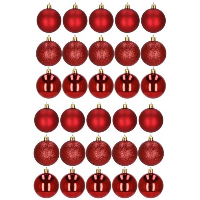 Set 30 globuri de Craciun, 6 cm, mat, sclipici, stralucitor, rosu