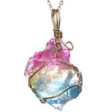 Colier cu pandantiv si lantisor, 7 chakra cristal cuarț natural, piatra comunicării &icirc;n formă neregulată multicolor
