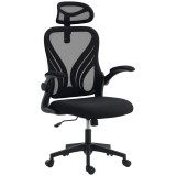 HOMCOM Scaun de Birou Ergonomic cu Brațe Rabatabile și Spătar Pliabil, Scaun de Birou cu Funcție Balansoar, Tetieră Reglabilă, Șezut Rotativ, Negru |