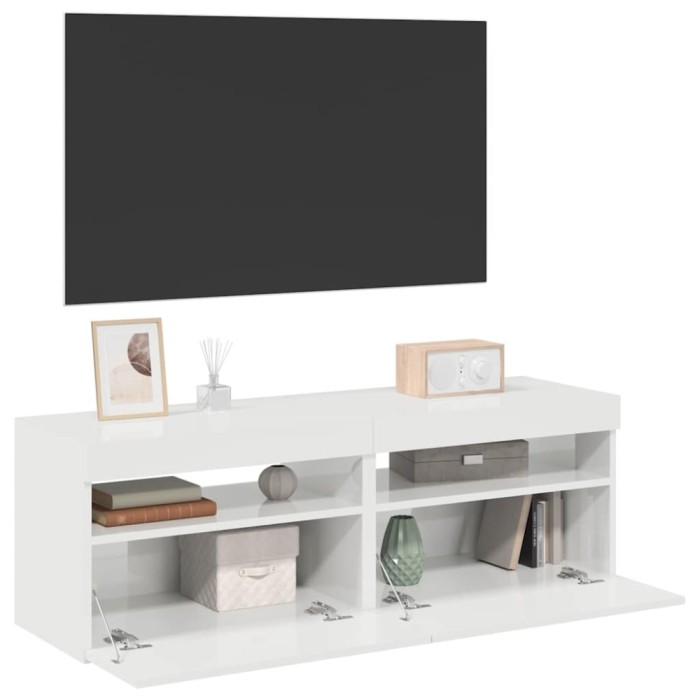 Comode TV cu lumini LED, 2 buc., alb extralucios, 60x35x40 cm