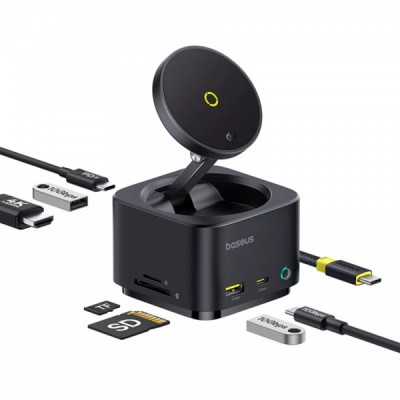 Hub USB-C Baseus MagPro II 7in1, 1 x USB-A - 2 x USB-C - 1 x HDMI - 1 x QI - 1 x SD - 1 x microSD, Negru B00072900121-00 foto