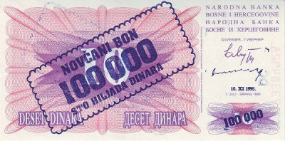 Bosnia si Hertegovina 100.000 Dinari 10.11.1993 (NOVCANI BON) - P-34b UNC !!! foto