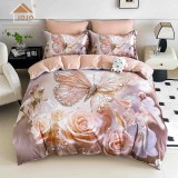 Cumpara ieftin Lenjerie pat single 5D,bumbac finet,4 piese,cearceaf cu elastic 140x200cm,cearceaf pilota 155x205cm,2 fete de perna 55x80cm-A1257