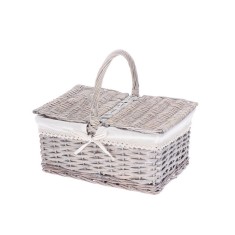 Cos depozitare lemn rachita gri textil alb 40 x 30 x 34 cm
