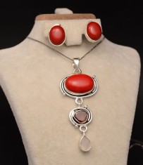 Set Argint 925 Lant,Pandativ si Cercei Handmade Cu Piatra Carneol-- SET357D