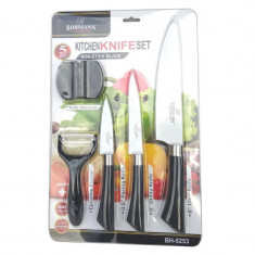 Set de cutite Bohmann BH 5253, 5 bucati, Cutit si rasnita, Negru/alb