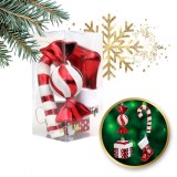 Set 4 globuri de Craciun, bomboane si cadouri ornamentale rosii pentru brad, JollyMag, BSN51, 15x7,5 cm