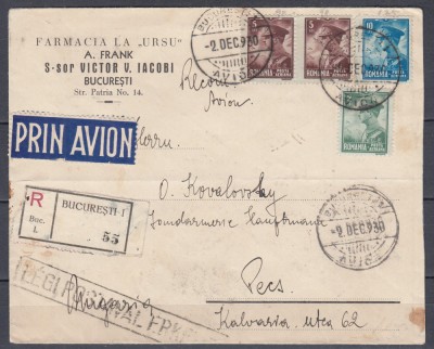 ROMANIA 1930 LP 87 CAROL II P.A./PLIC CIRC. RECOMANDAT PRIN AVION BUCURESTI-PECS foto