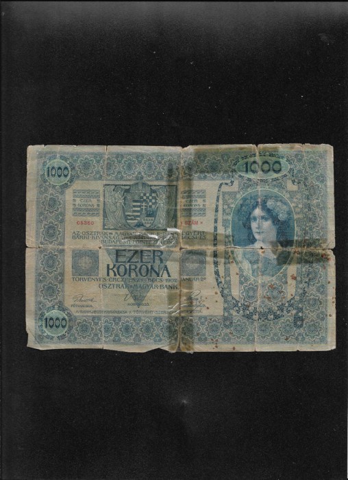 Austria Austro Ungaria 1919 (1902) 1000 coroane kronen seria05360 uzata reparata