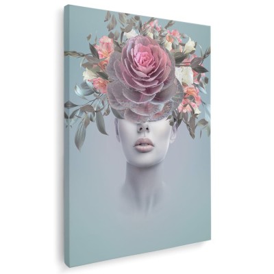 Tablou portret femeie cu trandafir pe cap roz 1980 Tablou canvas pe panza CU RAMA 30x40 cm foto