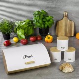 Set cutie paine din bambus cu capac otel si 3 recipiente pentru bucatarie, alb, Kassel