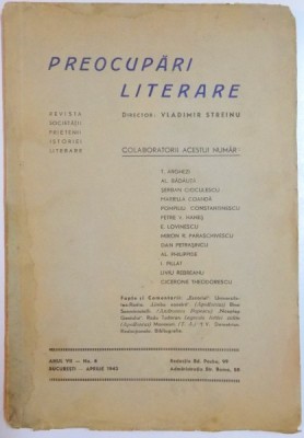 PREOCUPARI LITERARE , DIRECTOR : VLADIMIR STREINU , ANUL VII , NR. 4 , APRILIE 1942 foto