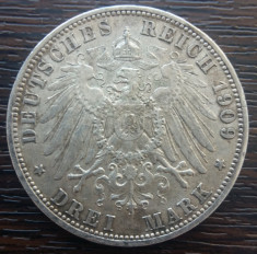 (A868) MONEDA DIN ARGINT GERMANIA, PRUSIA - 3 MARK 1909, LIT. A, WILHELM II foto