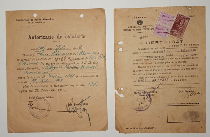 LOT 2 documente 1941 1945 Comisariatul de Politie Alexandria + Certificat cazier