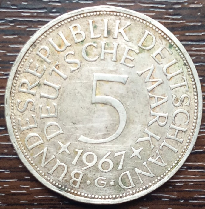 (A315) MONEDA DIN ARGINT GERMANIA - 5 MARK 1967, LIT G, 11,2 GRAME. PURITATE 625