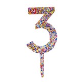 Decoratiune Topper pentru Tort, Cyrax, din Acrilic cu Fulgi de Sclipici, Model Cifra 3, Inaltime 18.5 cm, Transparent Multicolor&nbsp;