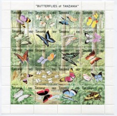 1973 Tanzania Fluturi Coala nestampilata de 16 bucati diferite foto