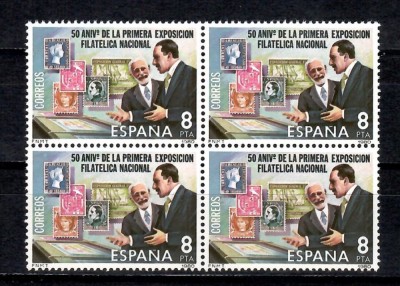Spania 1980- 50 de ani de la prima expoziție naționala de timbre, Bloc de 4, MNH foto