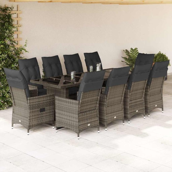 vidaXL Set bistro de grădină cu perne, 11 piese, gri, poliratan 3277262