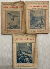 Lot 3 carti interbelice Jules Verne (1938 si 1943) / Copiii Captanului Grant (I si II) + Un bilet la loterie / prima acordat premiu TIMISOARA 1943