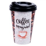 Pahar Cafea, Model Boabe, Plastic, Capacitate 440 ml, Multicolor, Capac cu Gură de Scurgere, Oem