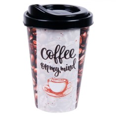 Pahar Cafea, Model Boabe, Plastic, Capacitate 440 ml, Multicolor, Capac cu Gură de Scurgere