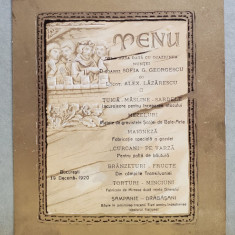 MENIU DE LA MASA DATA CU OCAZIA NUNTII LOCOT. ALEX. LAZARESCU cu SOFIA G. GEORGESCU , 1920