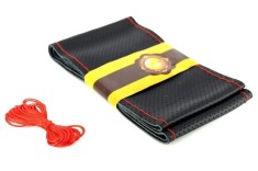Husa volan cu ac si ata din piele cu gaurele, marime M, culoare Negru+cusatura rosie PREMIUM Cod: LUXFST01 foto