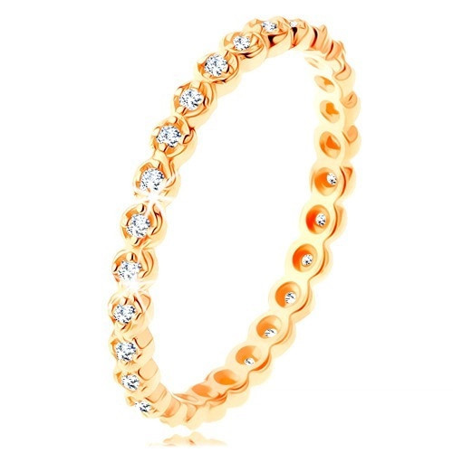 Inel din aur 375 - zirconii rotunde, transparente pe &icirc;ntreaga suprafaţă, margini ondulate - Marime inel: 56