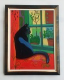 Pisica la fereastra tablou pictat manual pe p&acirc;nză, 30x40 cm