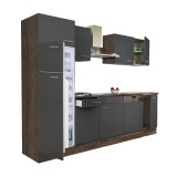 Mobilă de bucătărie Yorki 280, corp din stejar Yorki, față antracit satinat, frigider cu congelator superior