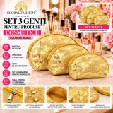 Global Fashion Set 3 Genți Cosmetice Aurii - Elegant, Organizare, Material Rezistent, Dimensiuni Variate