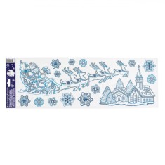 Autocolante Decorative Crăciun, Sanie și Fulgi, Bleu și Argintiu, 20x60cm