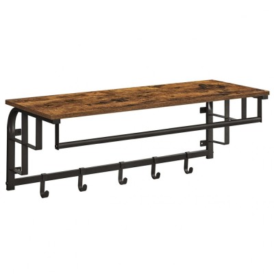 Cuier de perete cu raft, bara pentru umerase, Artool, 5 carlige, metal, pal, negru si maro rustic, 80x30x27 cm foto