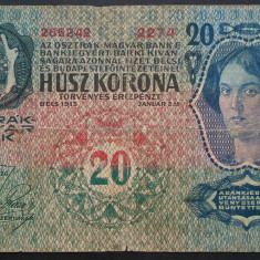Bancnota 20 COROANE - ROMANIA (AUSTO-UNGARIA) , anul 1913 * cod 119 supratipar
