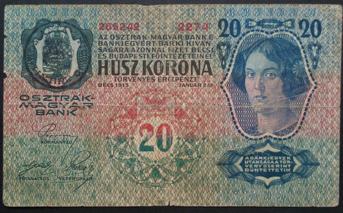 Bancnota 20 COROANE - ROMANIA (AUSTO-UNGARIA) , anul 1913 * cod 119 supratipar