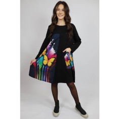 ROCHIE MIDI CU MANECA LUNGA SI BUZUNAR APLICAT BUTTERFLY VALLO TALIE UNICA Multicolora