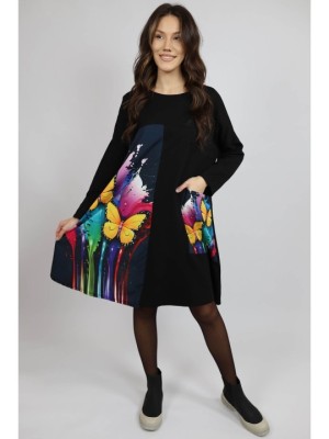 ROCHIE MIDI CU MANECA LUNGA SI BUZUNAR APLICAT BUTTERFLY VALLO TALIE UNICA Multicolora foto