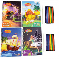 Set 4 caiete de colorat razuibile cu diverse teme si cu 12 culori, rechizite scolare, multicolor, 19 cm X 13 cm