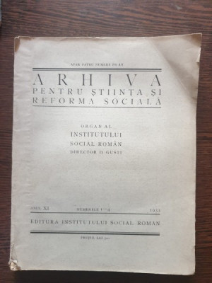 Arhiva pentru stiinta si reforma sociala anul XI, numerele 1-4, 1933 foto