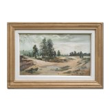 Tablou vechi pictat manual inramat, Peisaj din natura, calmitate, 65x45cm ulei pe panza, Emilian Enache