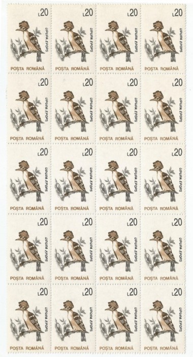 Rom&acirc;nia, LP 1314/1993, Păsări, 20 lei &icirc;n bloc de 20 timbre, h&acirc;rtie cretată