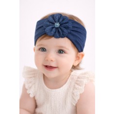 Bentita lata bleumarin pentru bebeluse cu floare aplicata