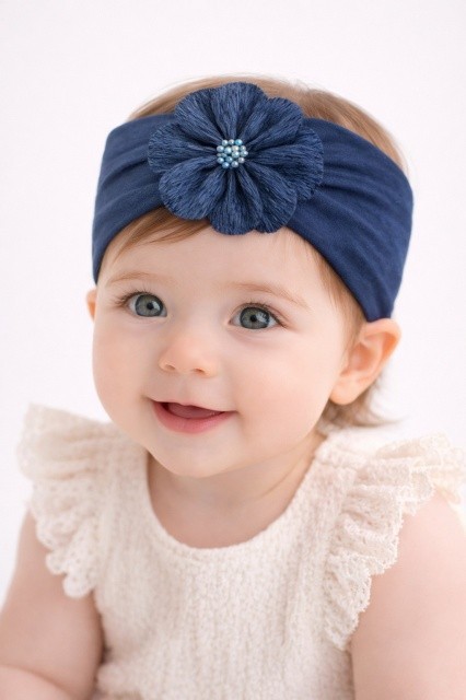 Bentita lata bleumarin pentru bebeluse cu floare aplicata