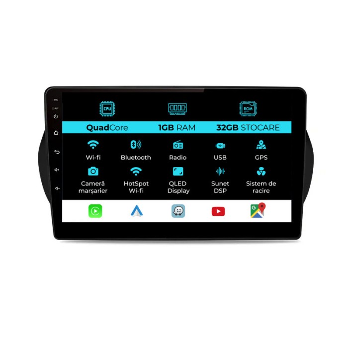 Navigatie Dedicata Fiat Fiorino Qubo (2008 - 2017), 10Inch, 1Gb Ram, 32Gb Stocare, Carplay