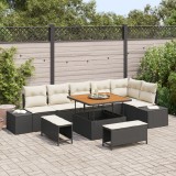 Set de sofa de grădină vidaXL 9 Piese cu perne Ratan Poly Negru Acacia, Sofa de grădină vidaXL 2 locuri cu perne Ratan Poly Negru, Set de dining de gr