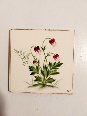 Placuta ceramica vintage suport pahar, cu flori de camp, 10x10cm, vechi foto