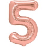 Balon din folie metalizata flippy, figurina cifra, tema aniversare 40 cm, ambalaj individual, pai inclus, umflare cu aer sau heliu, rose gold, cifra 5