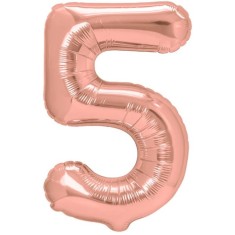 Balon din folie metalizata flippy, figurina cifra, tema aniversare 40 cm, ambalaj individual, pai inclus, umflare cu aer sau heliu, rose gold, cifra 5